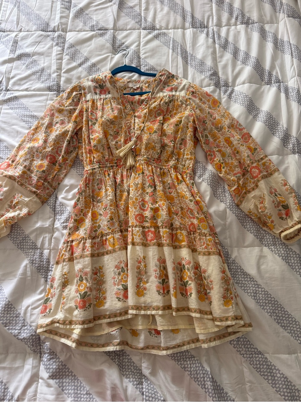 Elan Boho Long Sleeve Floral Dress in Cream, Yellow, Orange